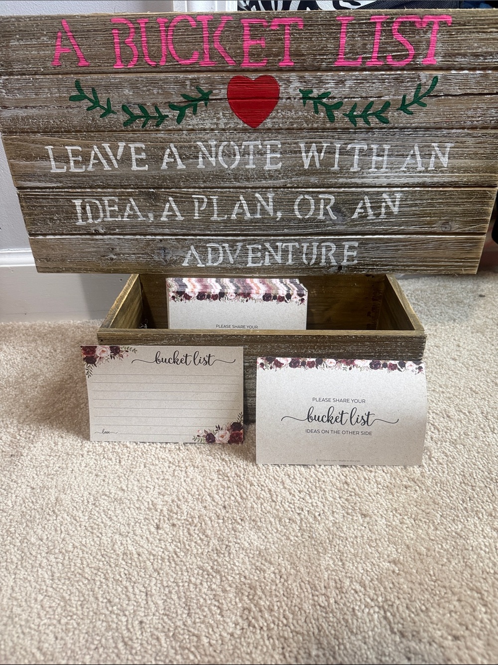 Bucket List Wooden Box with Note Cards - Heart & Floral Design